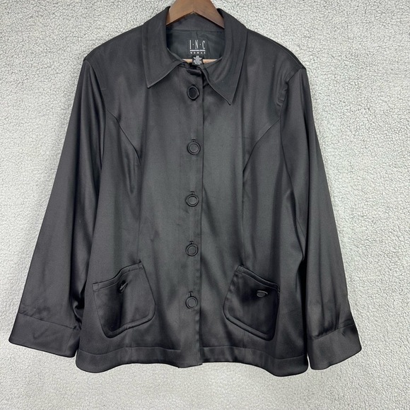INC Womens Black Button Satin Collared Jacket Front Pockets 3X Minimalist‎ Boho - Picture 1 of 5